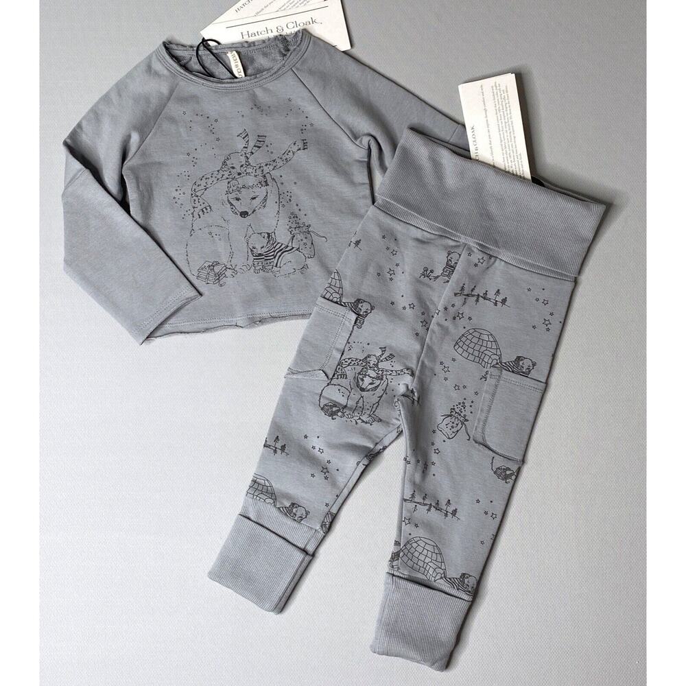 NWT Hatch & Cloak Polar Bear Arctic Gray Pima Cotton Outfit Boy Girl 0-3 Mo